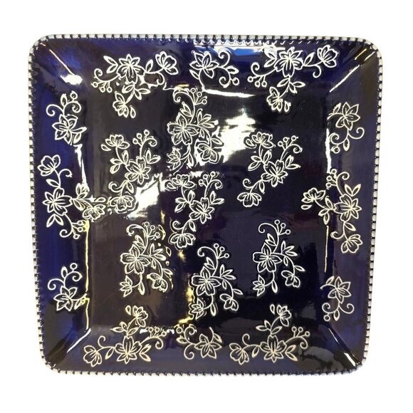 Temptations Floral Lace Cobalt Blue Square Serving Platter 10.5" Hand-Painted - Picture 1 of 6